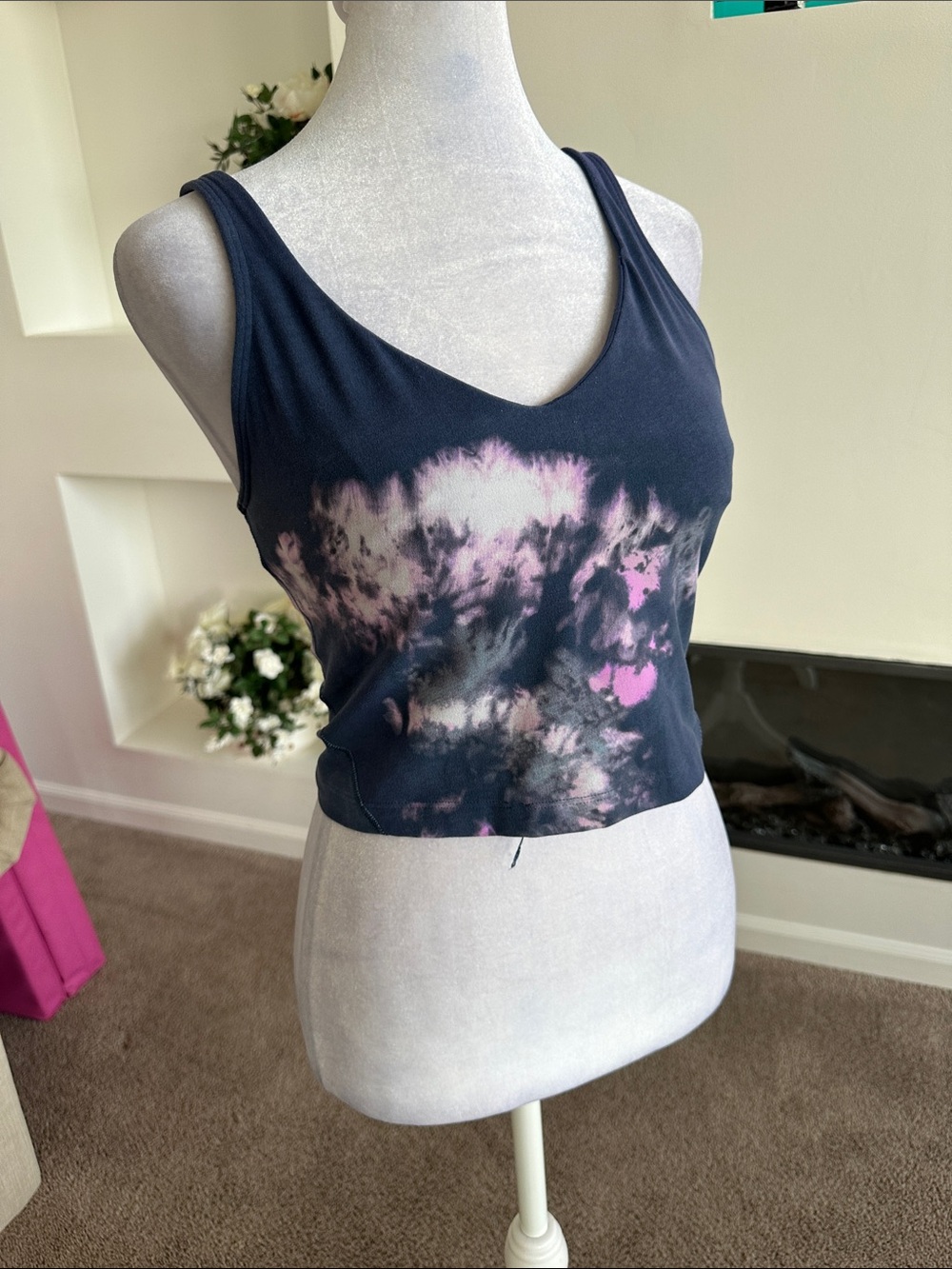 lululemon athletica Navy Tie-Dye V-Neck Crop Tank with Pink Accents